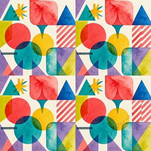 Colorful Watercolor Geometric Grid Pattern | Circles, Triangles & Abstract Florals | Modern Aquarelle Design