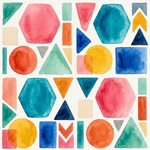 Colorful Watercolor Geometric Shapes Pattern | Modern Abstract Grid Design | Vibrant Aquarelle Artwork