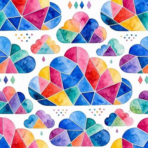 Vibrant Watercolor Geometric Clouds Background | Colorful Abstract Aquarelle | Seamless Pattern Design