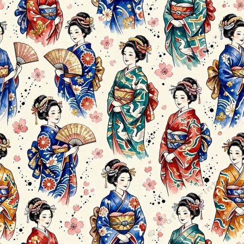 Soft Watercolor Geisha Seamless Pattern | Beautiful Vivid Colors | Elegant Japanese Aquarelle Design
