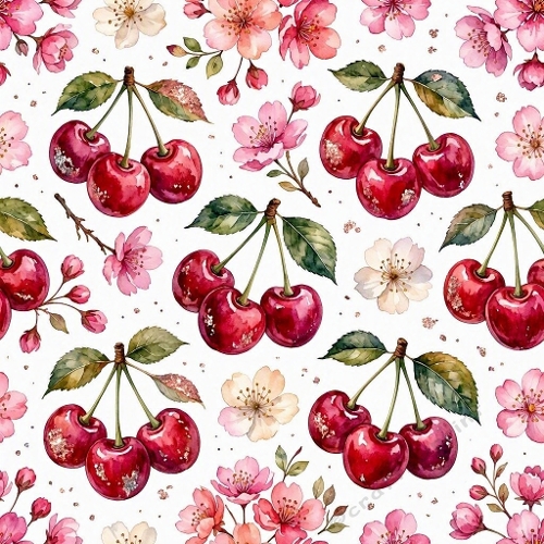 Cherry Blossoms Red Cherries Green Leaves Watercolor Pattern 1024x1024 JPEG