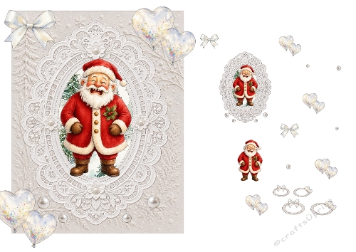 3D Santa Claus Lace Oval Frame White Bow Pearls Heart Balloons Christmas Card Kit
