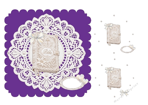 3D White Bible Lace Doily Purple Frame Bow Pearls Religious Card Topper Kit