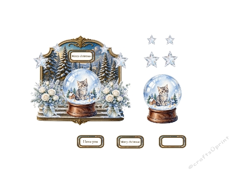 3D Snow Globes Kittens Winter Scene Gold Frame Roses Merry Christmas Card Topper Kit
