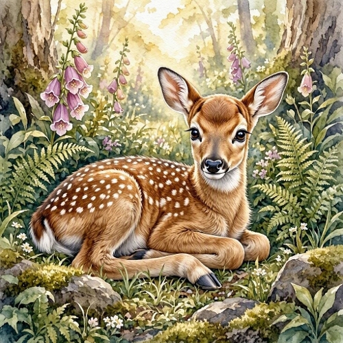 1024×1024 Watercolor Baby Fawn – Magical Woodland Clearing, Foxgloves, Ferns & Sunlit Moss