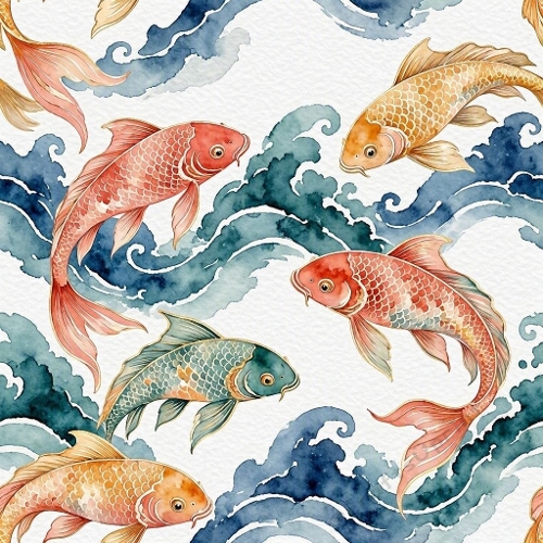 Watercolor Koi Fish Blue Waves Japanese Pattern 1024x1024 JPEG