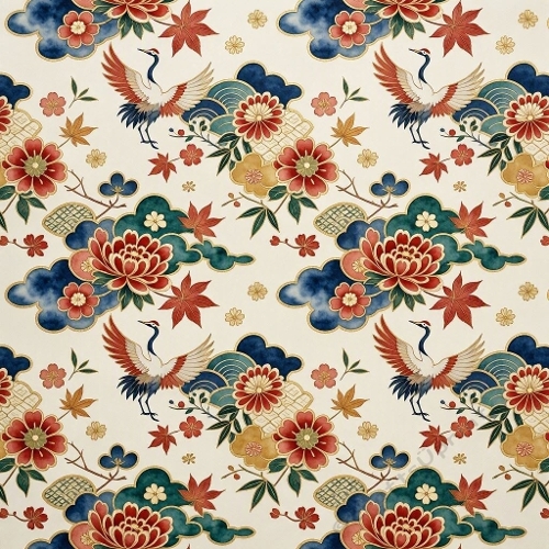 Japanese Cranes Chrysanthemums Maple Leaves Clouds Pattern 1024x1024 JPEG