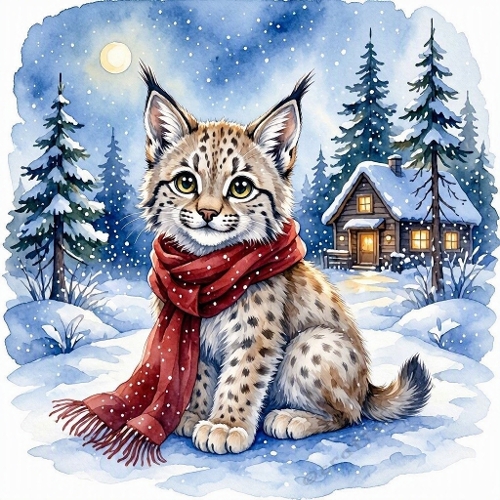 1024×1024 Watercolor Baby Lynx – Snowy Pine Clearing, Deep‑Red Scarf & Moonlit Winter Glow