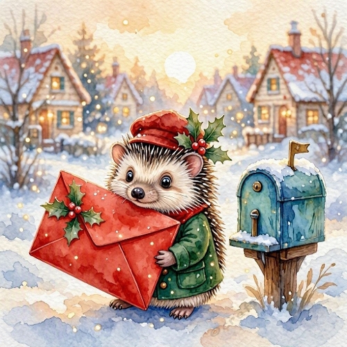 1024×1024 Watercolor Baby Hedgehog Postman – Snowy Village, Red Envelope & Christmas Magic