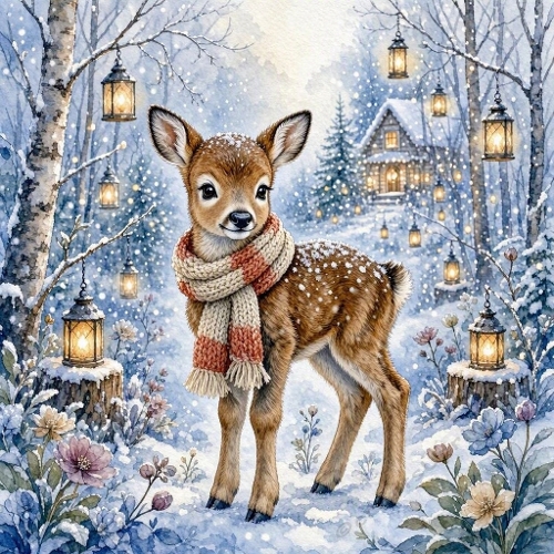 1024×1024 Watercolor Baby Fawn – Snowy Lantern‑Lit Woodland & Winter Flowers