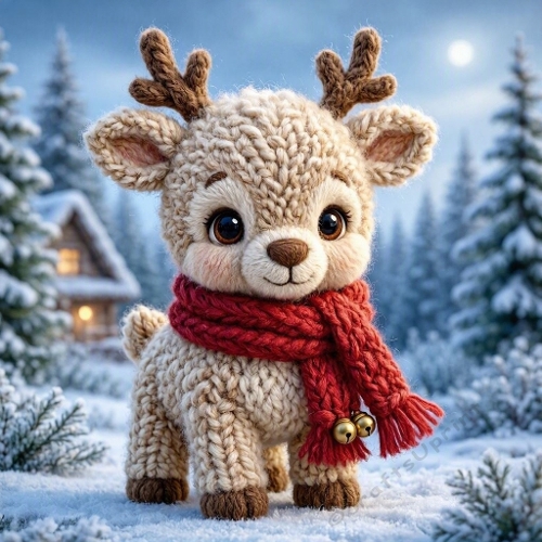 1024×1024 Watercolor Knitted Reindeer – Snowy Forest, Cozy Cabin & Winter Moonlight