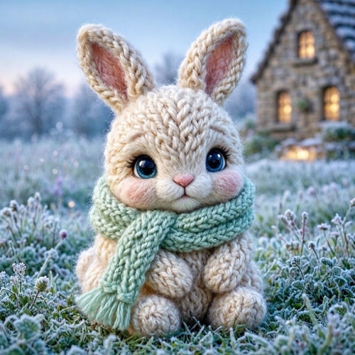 1024×1024 3D Wool Baby Bunny – Mint Scarf, Frosty Meadow & Magical Christmas Softness