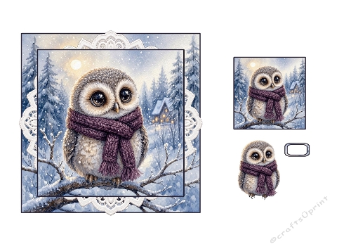 3D Owl Purple Scarf Snowy Forest Cabin Winter Scene Cute Card Topper Kit