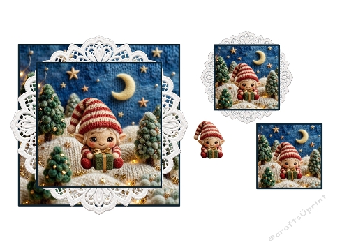 3D Elf Red Striped Hat Gift Box Snowy Trees Starry Night Cute Christmas Card Kit