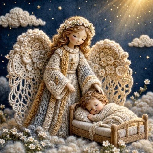 Magical Luxury Crochet Angel Protecting Sleeping Child Midnight Wool Christian Card Kit