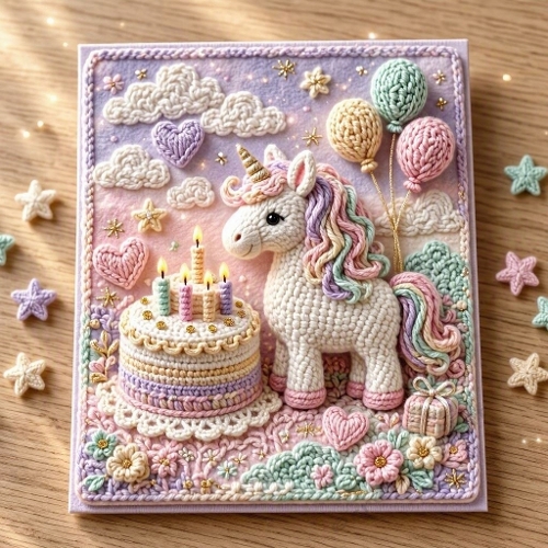 Luxury Crochet Unicorn Birthday Pastel Wool Cake Clouds Balloons Card Printable