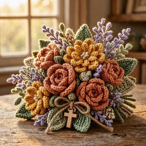 Crochet Wool Christian Floral Bouquet Terracotta Roses Mustard Dahlias Rustic Cross Printable