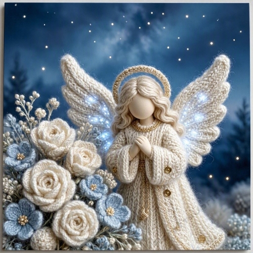 Divine Crochet Angel Wool Bouquet Ivory Roses Blue Blossoms Twilight Stars Printable
