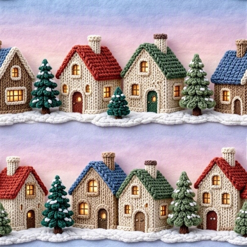 wool winter village, knitted festive houses, plush snowdrifts, yarn evergreens, embroidered wreaths, pastel holiday sky, HD yarn texture, cozy Christmas charm, ultra‑cute handcrafted scene, festive bestseller