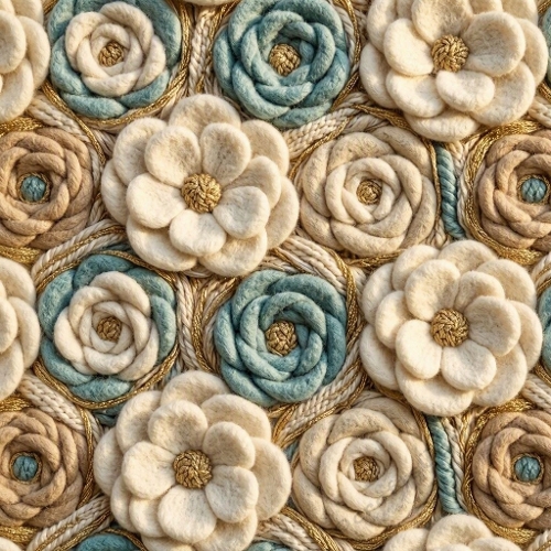 Handcrafted Wool Floral Texture Teal Beige Cream Rosettes Golden Centers Premium Printable