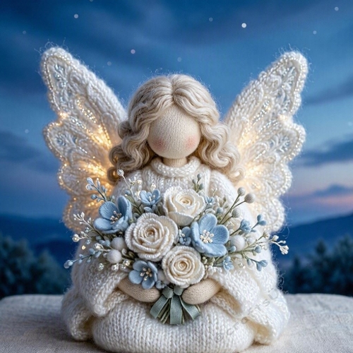 Handcrafted Wool Angel Doll Twilight Glow Lace Wings Floral Bouquet Premium Printable