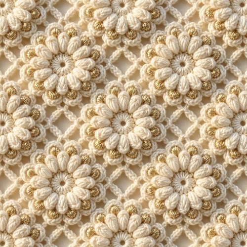Elegant Crochet Wool Blossom Pattern Cream White Golden Highlights Seamless Printable