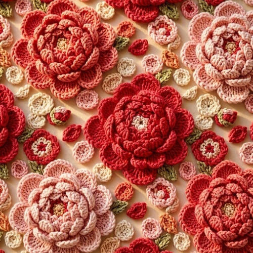 Vivid Crochet Peony Pattern Bright Red Coral Blush Warm Glow Seamless Printable