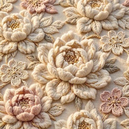 Luxury Wool Lotus Embroidery Cream Beige Soft Pink Gold Thread Premium Floral Art