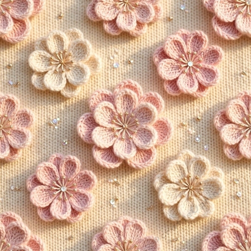 Pastel Wool Blossom Embroidery Cream Pink Gold Beaded Floral Premium Textile Art