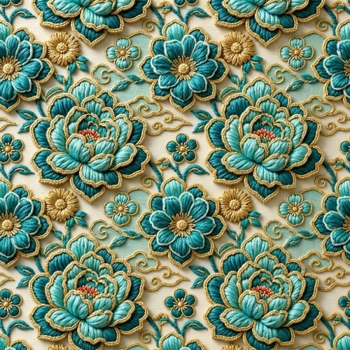 Turquoise Gold Asian‑Style Wool Flower Pattern Vivid Crochet Seamless Premium Printable