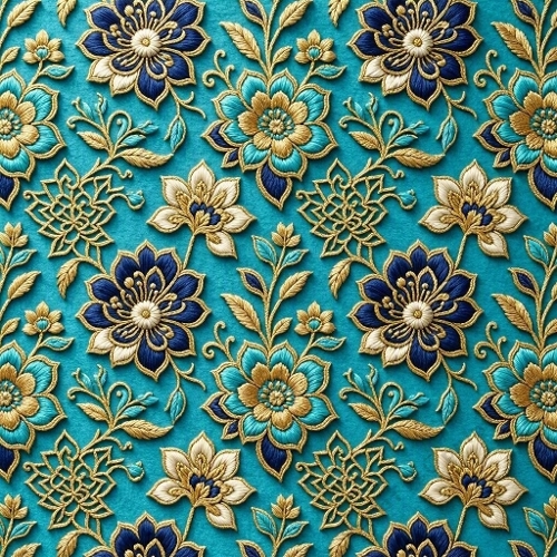 Turquoise Gold Wool Embroidered Floral Pattern Asian‑Style Premium Textile Art