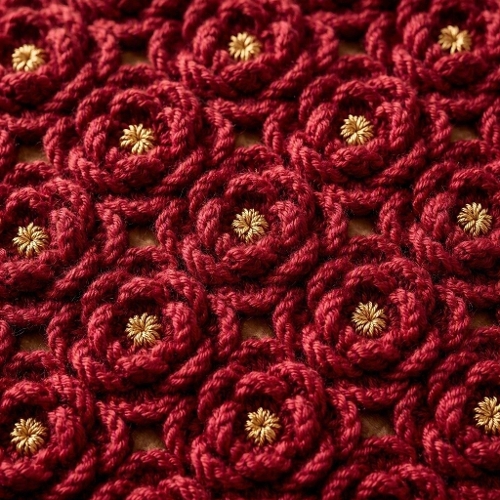Deep Red Crochet Peony Pattern Golden Accents Warm Glow Seamless Premium Printable