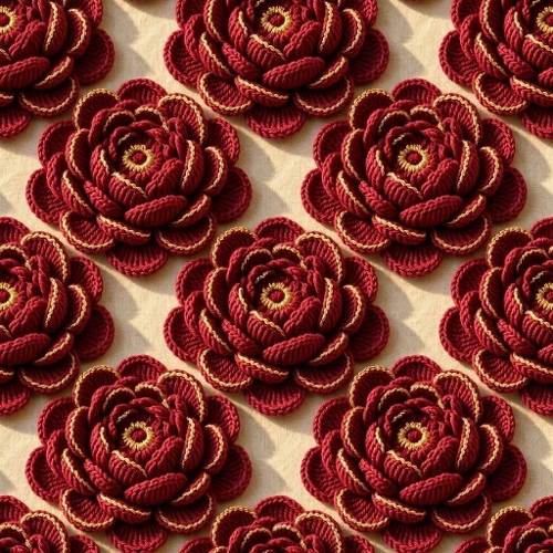 Deep Red Crochet Peony Pattern Golden Accents Warm Glow Seamless Premium Printable