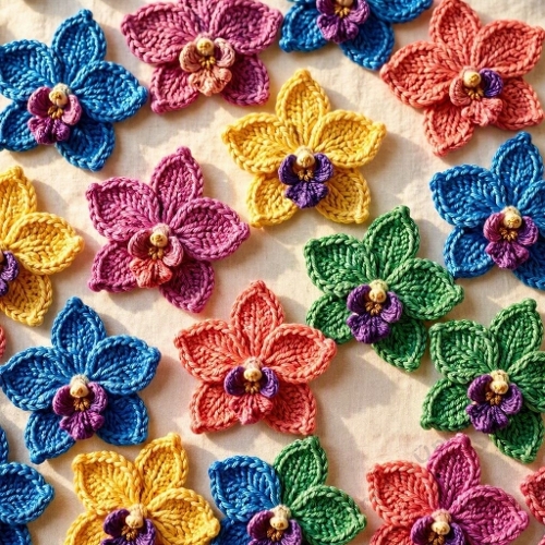 Rainbow Gradient Crochet Orchid Pattern Vibrant Multicolor Petals Seamless Premium Printable