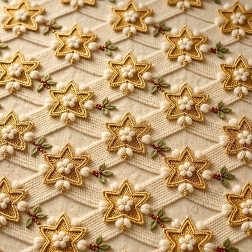 Golden Crochet Star Pattern Ivory Wool Accents Warm Glow Seamless Premium Christmas Design