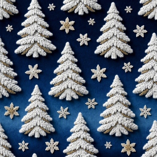 Snow‑Covered Wool Pine Trees Soft Crochet Snowflakes Deep Blue Twilight Seamless Luxury Winter Design