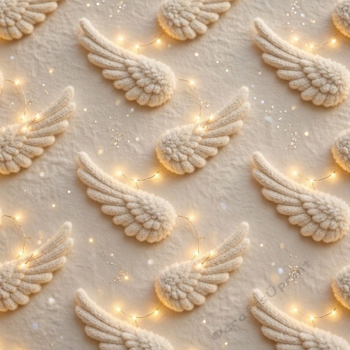 Wool Angel Wings Pattern Golden Fairy Lights Creamy Textures Seamless Luxury Celestial Design
