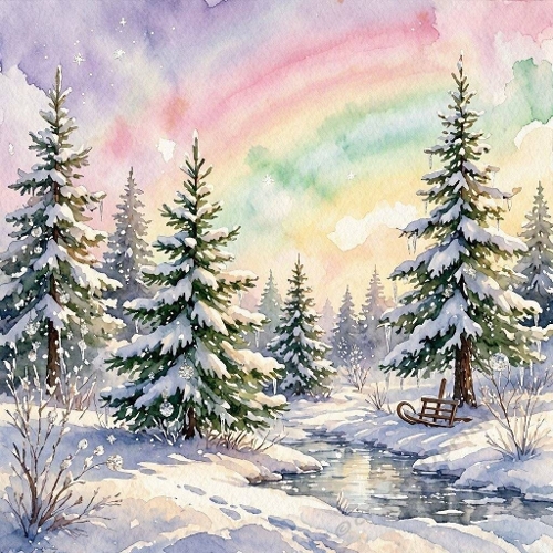 Watercolor Winter Forest Rainbow Sky Snowy Trees Soft Stream Sled Scene 1024x1024 Premium Design