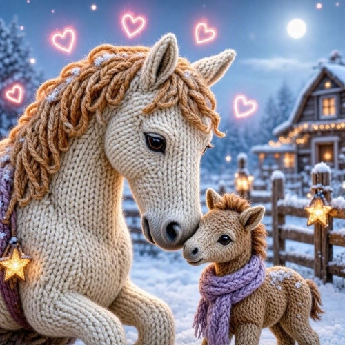 Caramel Wool Mare & Baby Foal – Heart‑Halo Farm Glow & Peaceful Christmas Serenity 