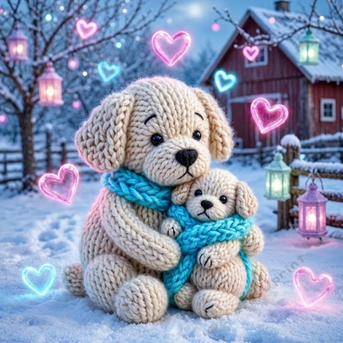 Wool Mama Dog & Baby Puppy – Neon‑Heart Farm Glow & Enchanted Noël Tenderness 
