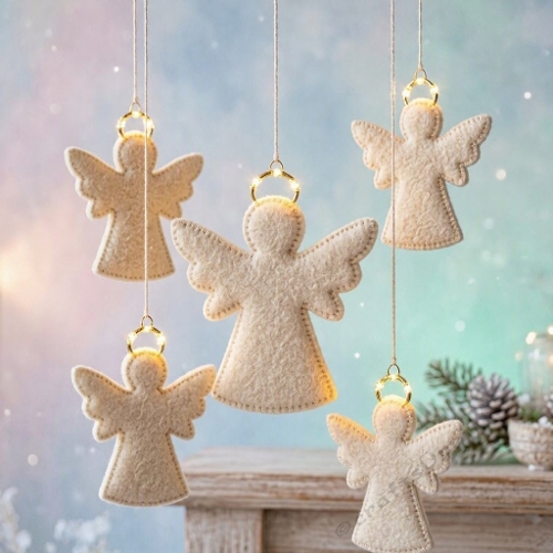 Hanging Felt Angels Cream Soft Wool Golden Halo Lights Pastel Winter Glow Premium 1024x1024 Christmas Design