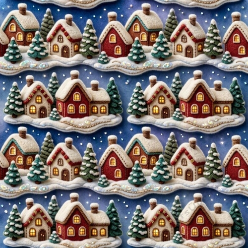 Seamless Winter Cottages Snowy Pine Trees Warm Window Glow Dark Blue Sky Premium 1024x1024 Christmas Pattern