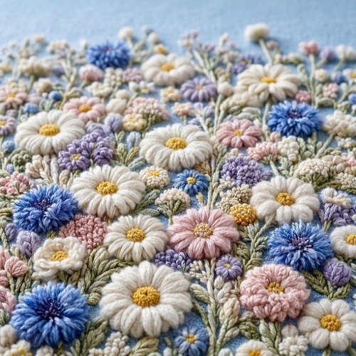 3D Wool Wildflower Field – Sky Blue & Pastel Cottagecore Elegance (8K, Seamless)