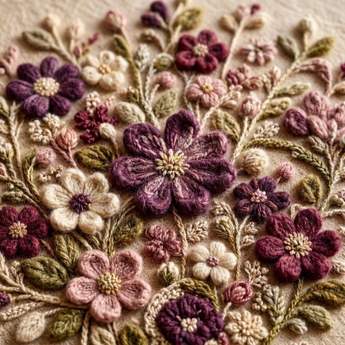 3D Wool Sculpted Wildflower Garden – Prune & Bordeaux Romantic Elegance