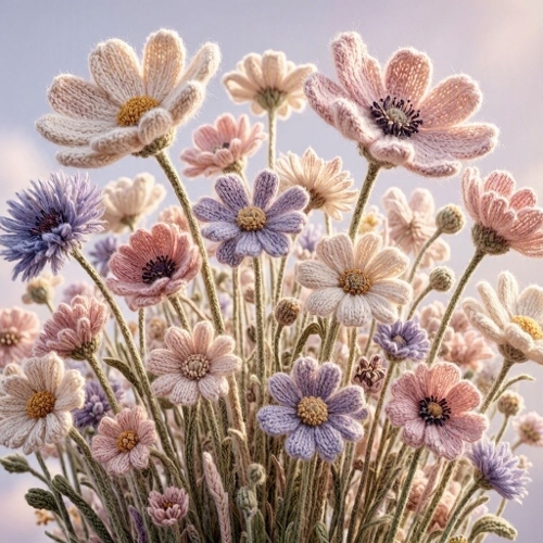 Skyward Wool Wildflower Canopy – 3D Textured Meadow in Blush & Lavender 