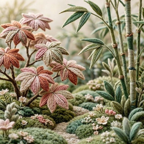 Wool‑Crafted Japanese Sanctuary – 3D Maple & Bamboo Textile Landscape 