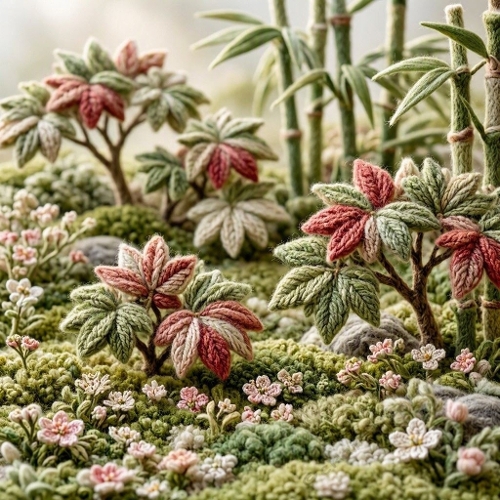 Textile Zen Haven – 3D Wool Japanese Maples & Bamboo 