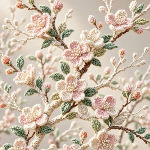 Sakura Wool Blossom Canopy – 3D Japanese Textile Florals in Pastel Jad