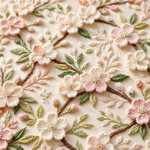 Sakura Textile Reverie – 3D Wool Cherry Blossoms in Blush & Jade 