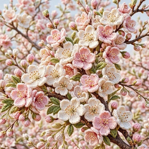 Wool Sakura Dreamscape – 3D Cherry Blossom Textile Art in Blush & Jade 